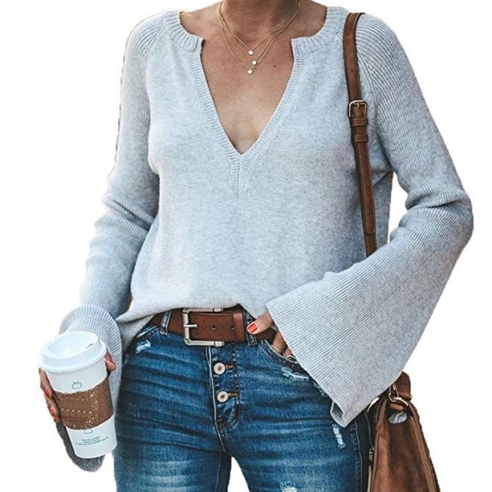 Women's Bell Sleeve Sweater - Crew Deep V Neck - Loose Fit